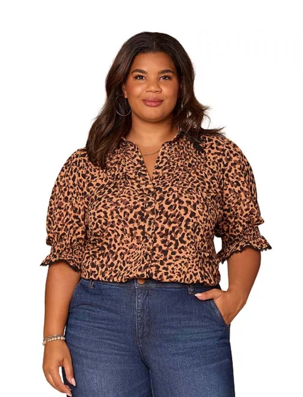 Democracy Plus Size Leopard Print Lace Collar Button Down Shirt 3X NEW